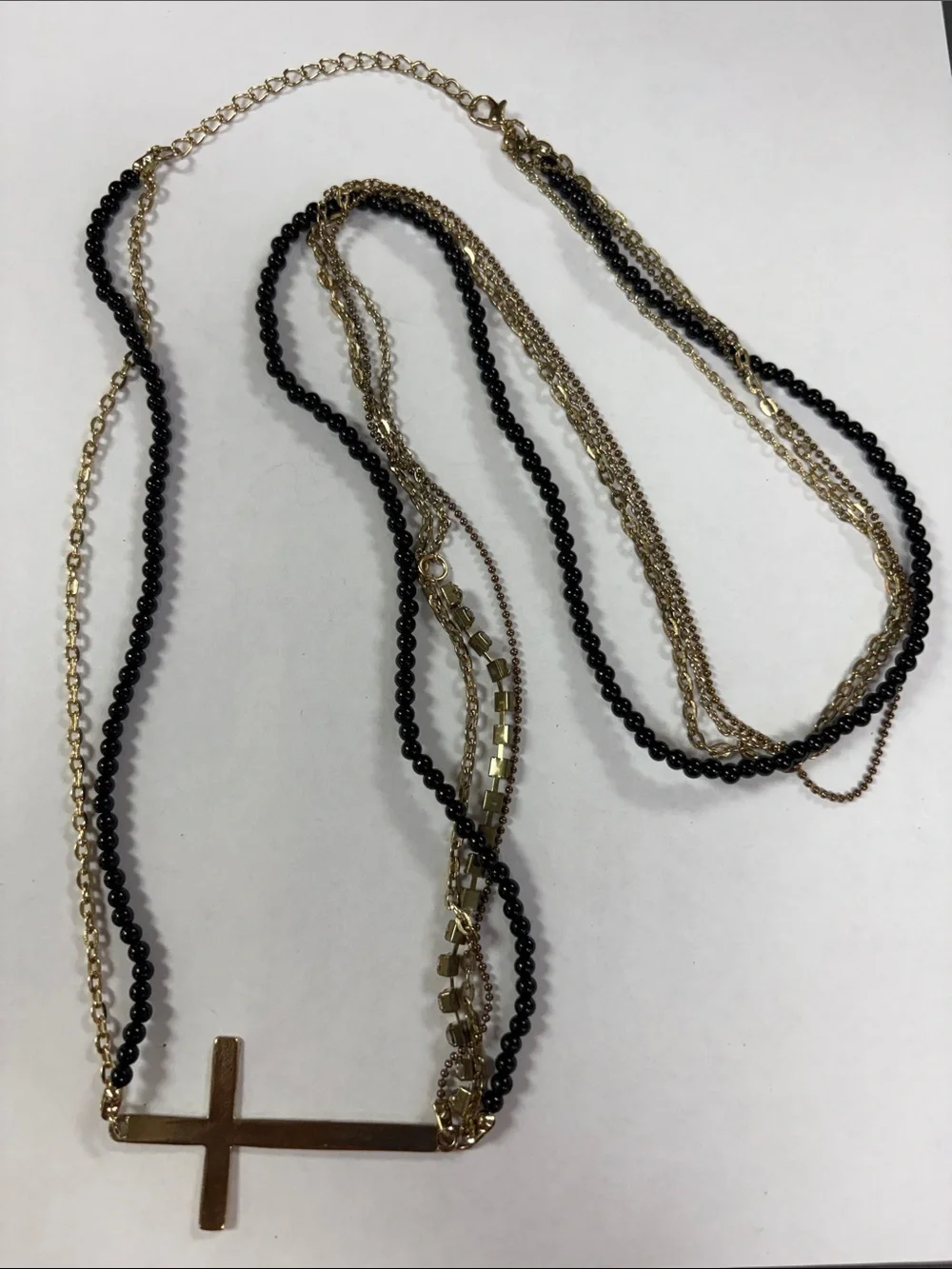 Gold and Black Multi-Strand Cross Necklace - Women Jewelry